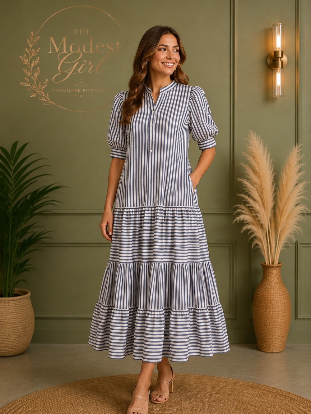 Gracia Navy and White Striped Maxi Dress